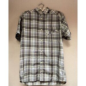 Prana Men's Large Button Up Short Sleeve Embroidered Classic Plaid Shirt Pocket